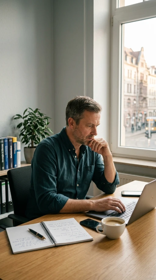 Unternehmer arbeitet im Büro und versucht aus dem Tagesgeschäft herauszukommen