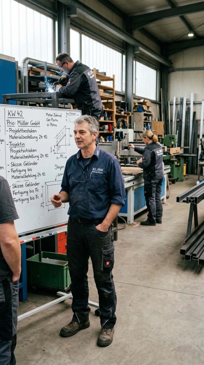 Inhaber eines kleinen Unternehmens im Arbeitsalltag zwischen Team, Aufgaben und Entscheidungen