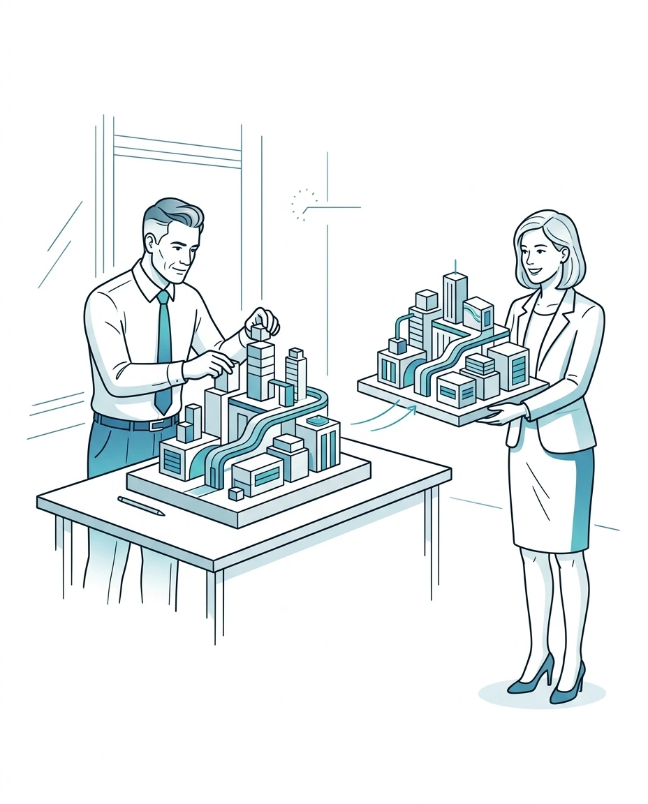 Illustration: Der Inhaber baut seine Firma als übergabefähiges Produkt.