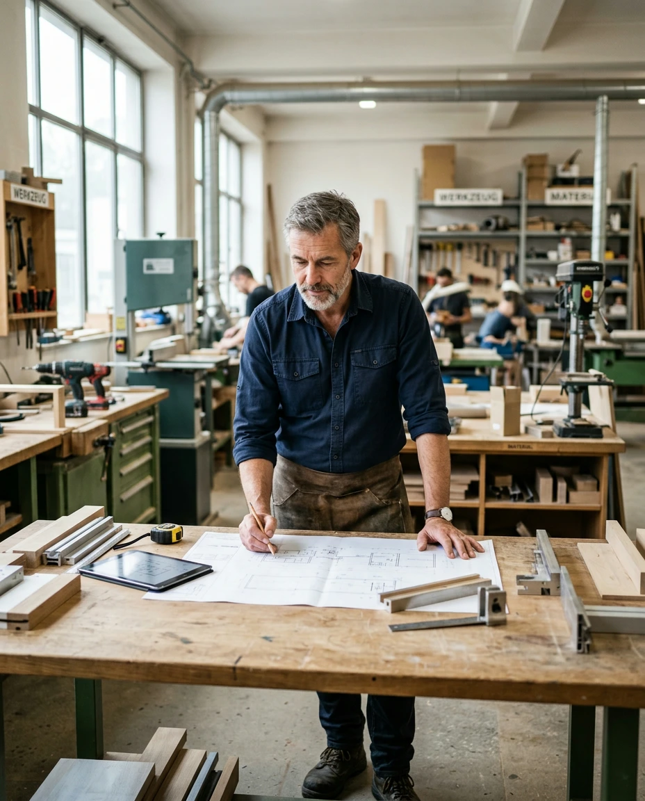 Inhaber arbeitet an der Weiterentwicklung seines Unternehmens in einem mittelständischen Betrieb