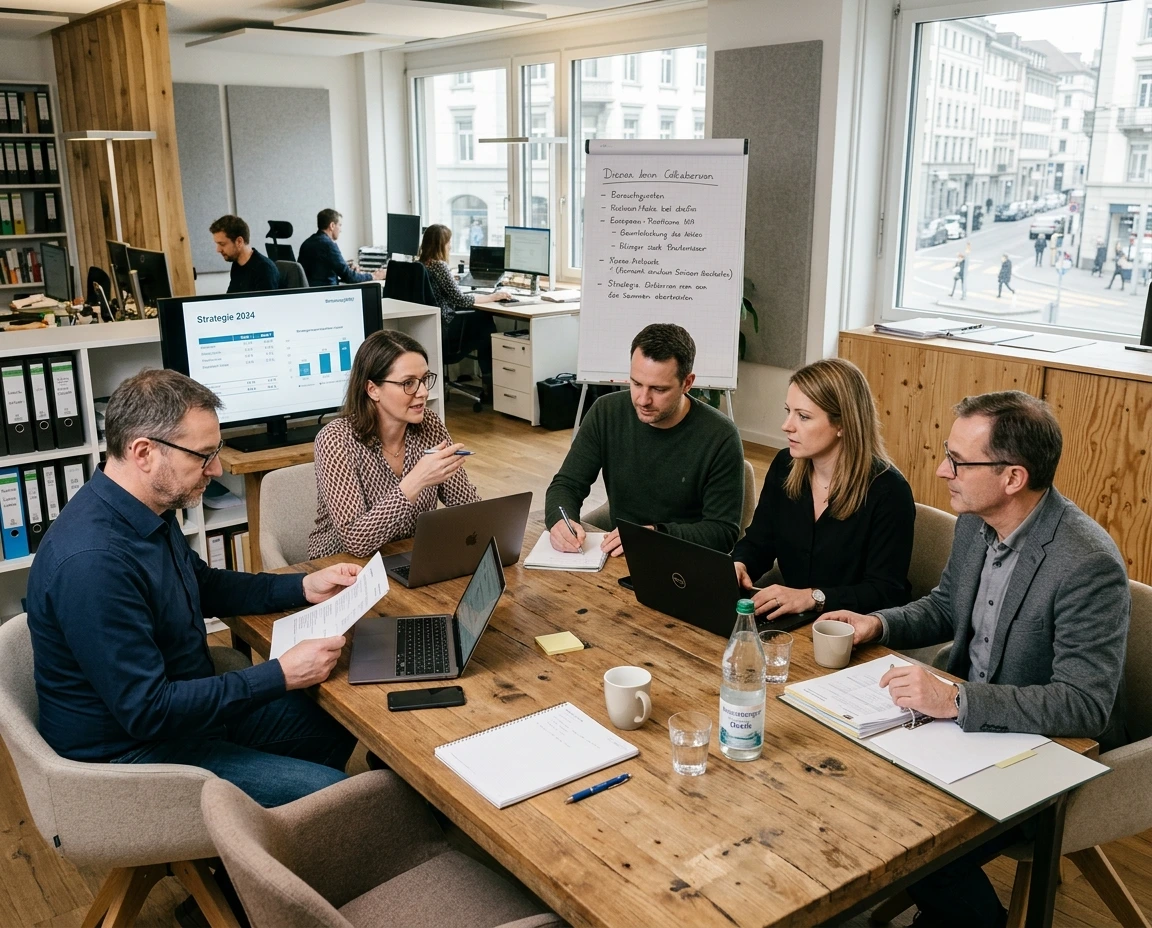Navigationsteam eines mittelständischen Unternehmens bespricht Verantwortung und nächste Schritte